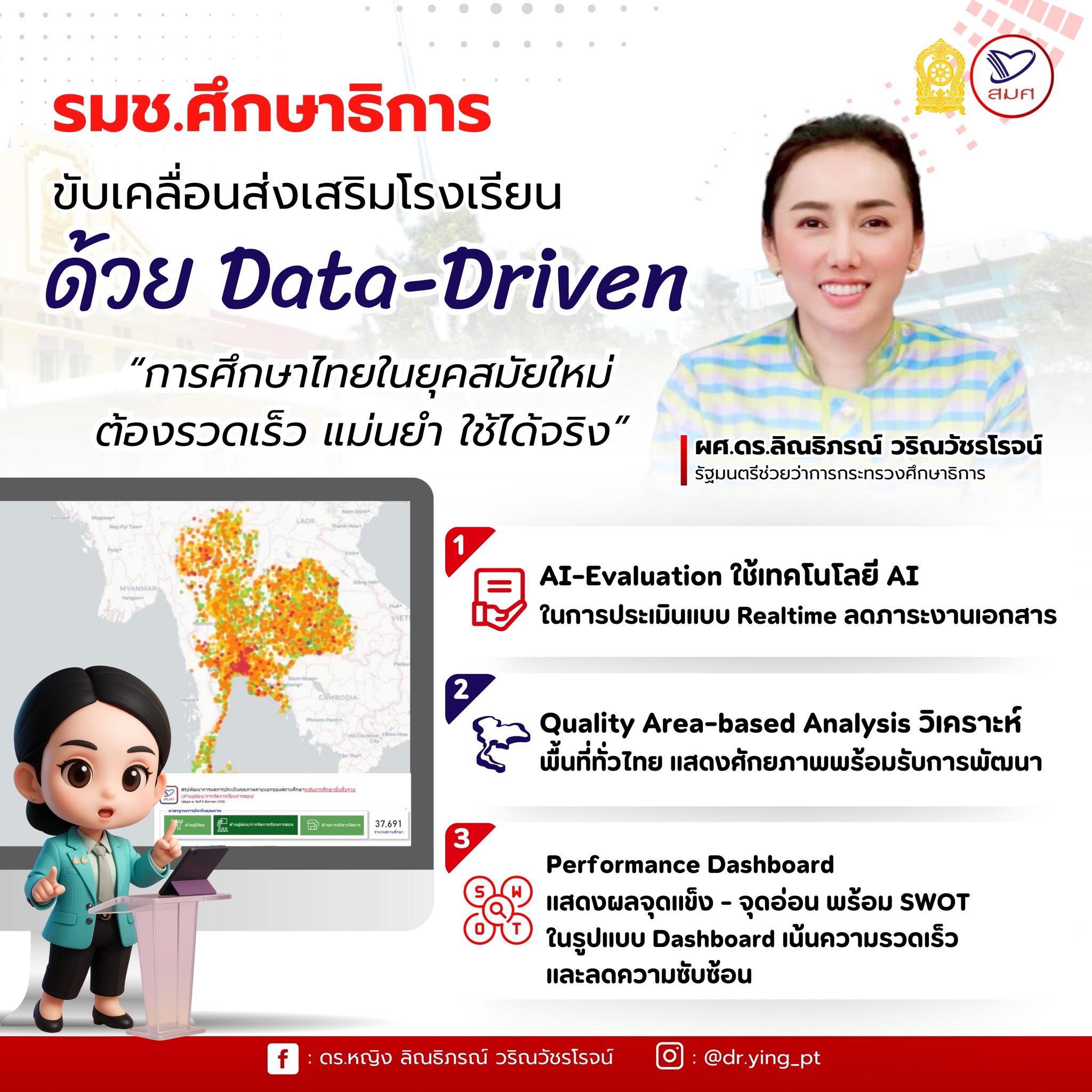 รมช.ลิณธิภรณ์ เร่งการขับเคลื่อนการประเมินผลเพื่อส่งเสริมคุณภาพโรงเรียนด้วยข้อมูล (Data Driven) เน้นความรวดเร็ว แม่นยำและใช้งานได้จริง