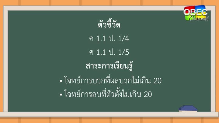 คณิตศาสตร์ ป ๑ ตอน ๒ การบวกและการลบจำนวนที่มีผลลัพธ์และตัวตั้งไม่เกิน ๒๐