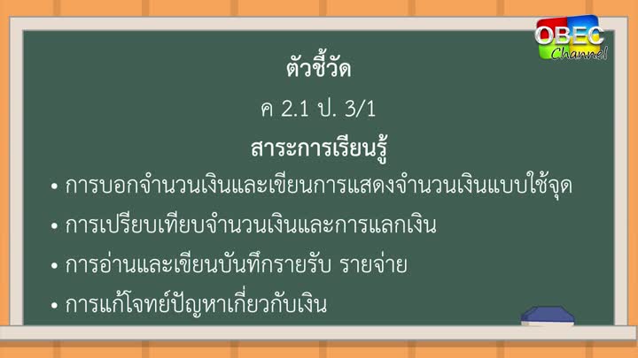 คณิตศาสตร์ ป ๓ ตอน ๔ เงินและการบันทึกรายรับรายจ่าย